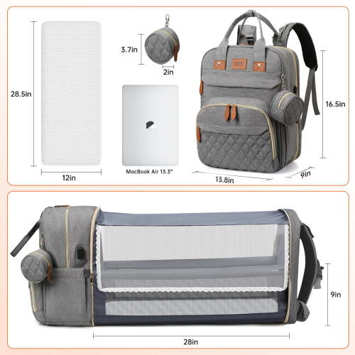 Diaper Bag Backpack, Multifunction Diaper Bag Backpack with Changing Station, USB Charging Port & Foldable Crib, Large Capacity Travel Backpack w/Sunshade&Pacifier Case&Stroller Straps(Grey)
