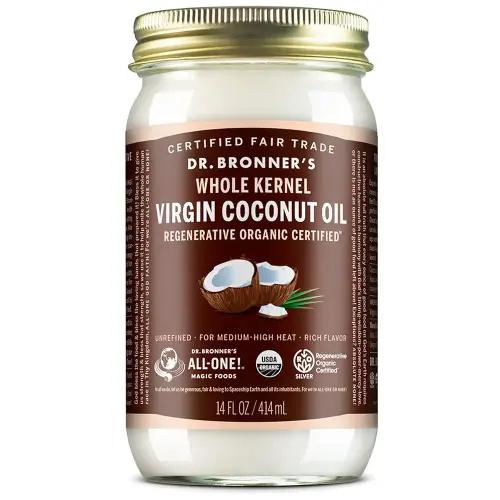 Dr. Bronner's - Organic Virgin Coconut Oil (Whole Kernel, 14 Ounce) - Coconut Oil for Cooking, Baking, Hair & Body, Unrefined & Fresh-Pressed, Rich & Nutty Flavor, Fair Trade, Vegan, Non-GMO