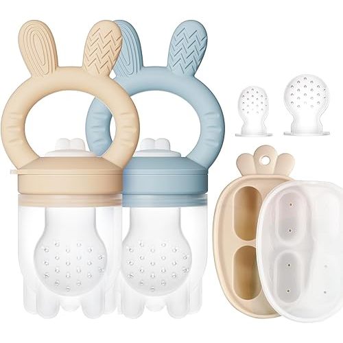 2 Packs Baby Fruit Feeder & Freezer Nibble Tray Combo, Push Pop Baby Food Feeder to Safely Introduce New Foods, Fresh & Frozen Food Silicone Feeder, 100% Food Grade, BPA Free (Caramel & Blue)