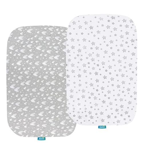 Bassinet Sheets Compatible with Baby Delight Beside Me Dreamer Bassinet, 2 Pack, 100% Jersey Knit Cotton Fitted Sheets, Breathable and Heavenly Soft, Grey and White Print for Baby