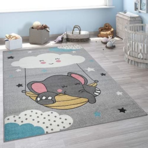 Paco Home Kid´s Rug for Nursery, Cloud and Elephant Motif in Grey, Size: 4'4" x 6'3"