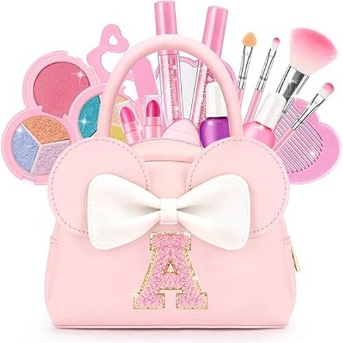 Kids Real Makeup Kit for Girls - 18Pcs Non-Toxic Washable Make Up Toys with Initial Toddler Purse - Personalized Birthday Gifts for Age 3 4 5 6 7 8 9 10 Years Old Girls Vanity Set - A