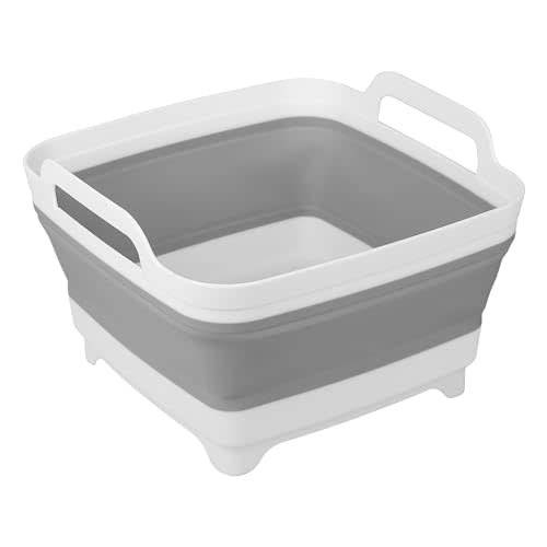 Dishpan for Washing Dishes, 2.4Gal/9L Wash Basin with Draining Plug Carry Handles, Collapsible Bucket for Cleaning, Portable Sink, Foldable Plastic Tub
