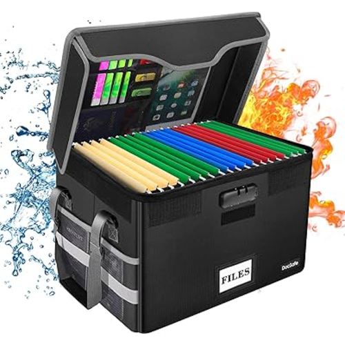 DocSafe File Box Fireproof Document Box with Lock,File Storage Organizer Box with Mesh Pockets,Collapsible Portable File Box Home Office File Cabinet with Handle for Hanging Letter/Legal Folder,Black