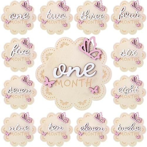 12 Pcs 3D Butterfly Wooden Baby Girl Monthly Milestone Cards Sign 1-12 Months Milestone Marker Discs Newborn Photography Props Memento Signs to Document Baby's Growth Announcement Pregnancy Journey