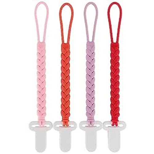 4-Pack Silicone Pacifier Clips with a Woven Rope Shape for Baby Boys and Girls - Flexible and Rust-Free Holders for Teething Relief and Baby Essentials, Safe for Newborns (Pink) - Weave, Pink