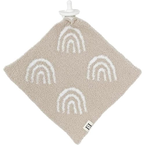 Rainbow Baby Lovey Pacifier/Teether Holder 10"x10" - DreamSoft Knitted Cuddly Soothie Reversible Mini Comfort Security Blanket - Snuggle Newborn Gift Essential for Babies Boys and Girls (Tan/White)