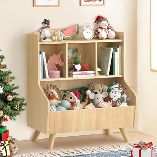 Curipeer Kids Bookshelf and Toy Storage, 3-Tier Wooden Bookcase, Baby Book and Toy Storage Display Organizer with Spacious Top Shelf for Children, Friends, Family, Natural Wood Color