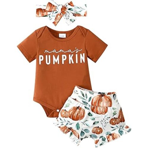 Halloween/Thanksgiving Baby Girl Outfit Pumpkin Romper+Ruffle Shorts Set+Headband Newborn Fall Clothes Clothing