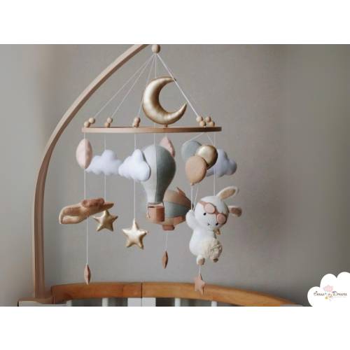 Personalized Handmade Flying Bunny Baby Mobile, Bunny Crib Baby Mobile, Baby Nursery Decor, Aviator Bunny Baby Mobile, Baby Shower Gift