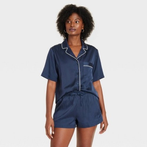 Women's Satin Notch Collar Short Sleeve and Shorts Pajama Set - Auden™, Color: Navy Blue, Size: XL