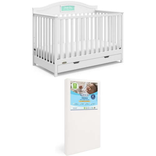 Graco Story Customizable 5-in-1 Convertible Crib with Drawer and Premium Crib & Toddler Mattress Bundle, White