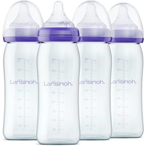 Lansinoh Glass Baby Bottles for Breastfeeding Babies, 8 Ounces, 4 Count, Includes 4 Medium Flow Nipples (Size 3M)