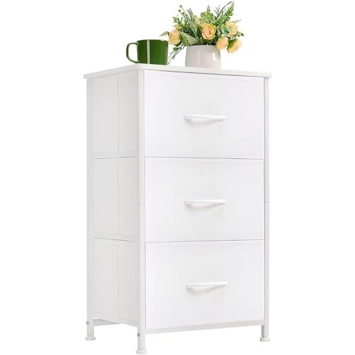 Somdot Small Dresser for Bedroom with 3 Drawers, Nightstand Storage Chest of Drawers with Removable Fabric Bins for Closet Bedside Living Room Laundry Entryway Hallway, White Leather
