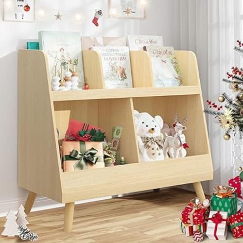 Kids Bookshelf and Toy Organizer, 5 Cubbies Wooden Open Bookcase, 2-Tier Baby Storage Display Organizer with Legs, Free Standing Bookshelf for Playing Room, Nursery, Natural Wood Color