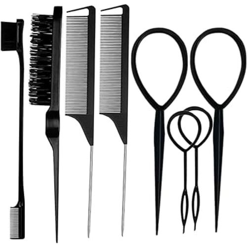 ZVOREI 8Pcs Black Hair Brushes Set with 4Pcs Topsy Tail Tools, Teasing Bristle Brush, Edge Control Brush, and 2Pcs Metal Pin Rat Tail Combs for Women's Hair Styling and Brushing
