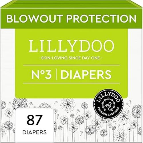 LILLYDOO Baby Diapers - Size 3 (13-22 lbs), Half-Monthly Supply (87 Count), Leak Protection, Skin-Friendly, Ultrasoft, Perfume- & Chlorine-Free, Hypoallergenic, Dermatologist Tested, Oeko-TEX®