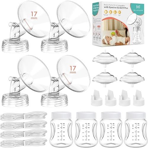 Pump Parts 4PCS Replacement Kit for Spectra S1/S2/S9 Plus/Synergy Gold – Includes 17mm Flanges, Duckbill Valves, Backflow Protectors, Tubes & Bottles (Not Original Accessories)