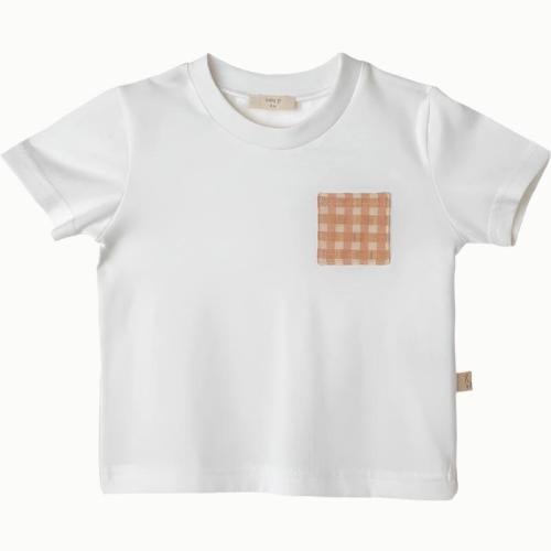 White T-Shirt with Peach and White Gingham pocket detail for boys – Shop Amour