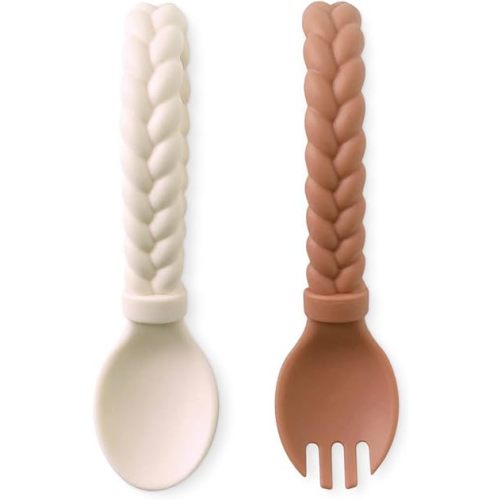 Itzy Ritzy Silicone Spoon & Fork Set Baby Utensils Featuring a Baby Fork and Spoon with Looped, Braided Handles - Made of 100% Food Grade Silicone & BPA-Free - 6 Months and Up (Buttercream and Toffee)