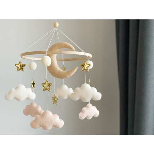 Neutral baby mobile, Starry Night Baby Mobile, Baby Crib Mobile, Moon and Stars Mobile, Gold Star Felt Mobile ,Gender Neutral Colors,