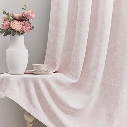 Beauoop Pink Floral Jacquard Blackout Curtains 84 Inches Long 2 Panels for Girls Bedroom Living Room Chenille Flower Room Darkening Thermal Insulated Soundproof Grommet Window Treatments Drapes, 52x84