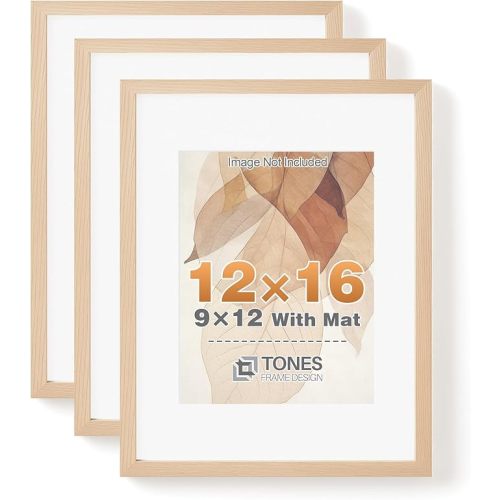 TONES FRAME DESIGN 12x16 Solid Wood Frames Set of 3,Natural Oak Wood Picture Frame can Display Photo 9x12 With Mat or 12 x 16 Without Mat,Poster Frame for Wall Home Decor,3 Pack