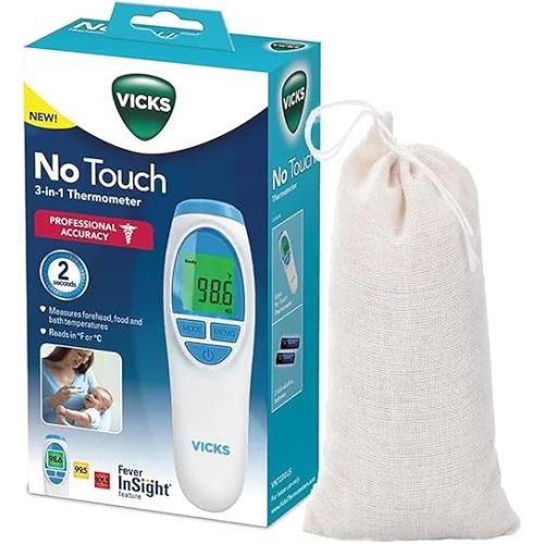 Vicks No Touch 3-in-1 Thermometer, Measures Forehead, Food and Bath Temperatures, with Bonus Carrying Bag