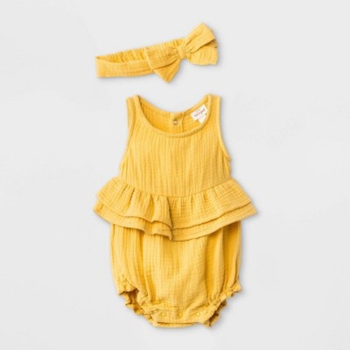 Baby Girls' Gauze Elevated Romper with Headband - Cat & Jack™ Mustard