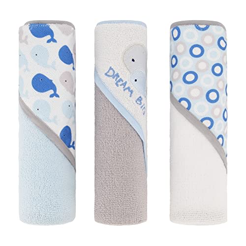 Cudlie Buttons & Stitches Baby Boy 3 Pack Rolled/Carded Hooded Towels in Dream Big Whale Print Cotton (GS71724)