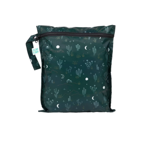 Bumkins Waterproof Wet Bag for Baby, Travel, Swim Suit, Cloth Diapers, Pump Parts, Pool, Beach, Gym Clothes, Toiletry, Hook to Stroller, Daycare, Zipper Reusable Wetdry Packing, Starry Cactus Dk Green