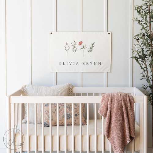 Girl Name Canvas Flag | Personalized Name Sign | Girl Name With Wildflowers | Nursery Decor | Kids Room Decor | Olivia Brynn