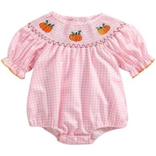 Baby Girl Halloween Outfit Pumpkin Print Puff Short Sleeve Smocked Bubble Romper Cotton Linen Plaid Bodysuit