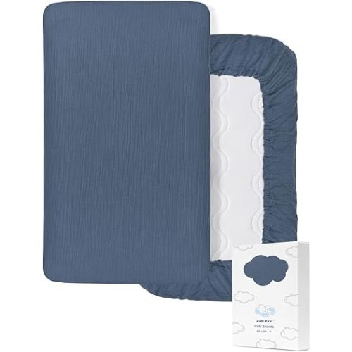 Dusty Blue Neutral Crib Sheets, Soft Muslin Baby Crib Sheets for Standard Crib Mattress, Breathable Neutral Cotton Crib Sheets (46C-09)