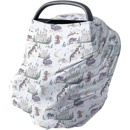 HawSkgFub Cute Dragon Fairy Tale 5-in-1 Car Cover Baby Girl Shower Gift, Purple Castle Cloud Moon Star Pine Tree Privacy Breastfeeding Nursing Cover, Newborn Infant Multi-use Carseat Canopy Carrier