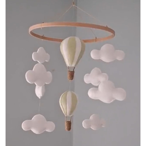 Nursery Mobile Hanger - Butter Yellow Hot Air Balloons White Clouds