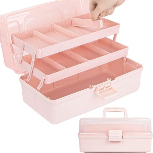 TERGOO 14in 3-Layer Multipurpose Craft Organizers and Storage with Adjustable Dividers, Portable Tackle Box, Folding Art & Craft Case for Medicine, Tool, Sewing Organizer (White, X-Large)