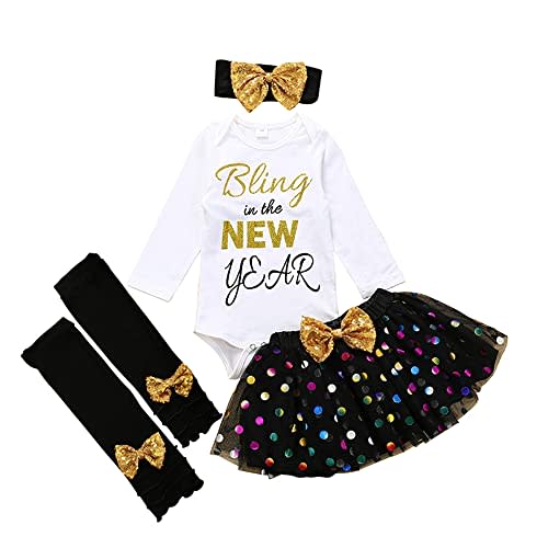 XFGLCK Newborn Baby Girls New Year Outfit Long Sleeve Romper+ Black Mesh Tulle Tutu Skirt +Legging Warms Set