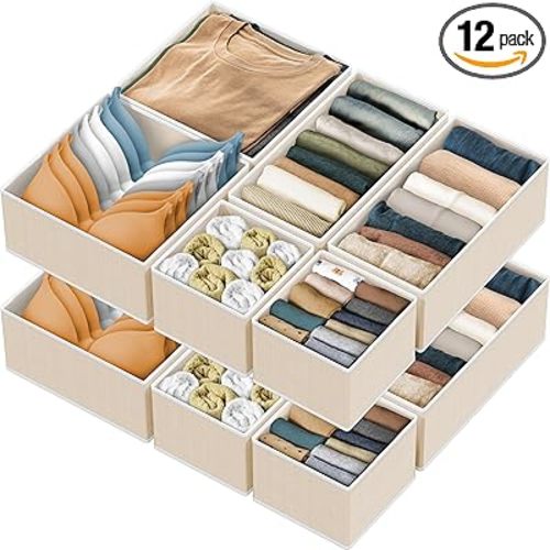 Simple Houseware Foldable Drawer Organizer Set of 12, Beige – Fabric Storage Bins for Clothes, Underwear, Bra, Panty, Socks, Onesies – Closet & Dresser Drawer Dividers for Home Organization