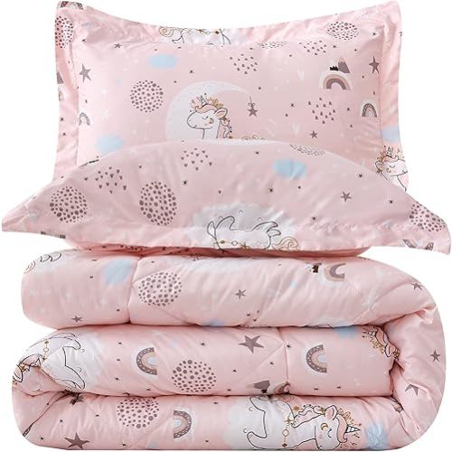 JSD Pink Unicorn Kids Comforter Set for Girls, 2 Pieces Twin Microfiber Comforter with Pillow Sham, Soft Comfortable Machine Washable