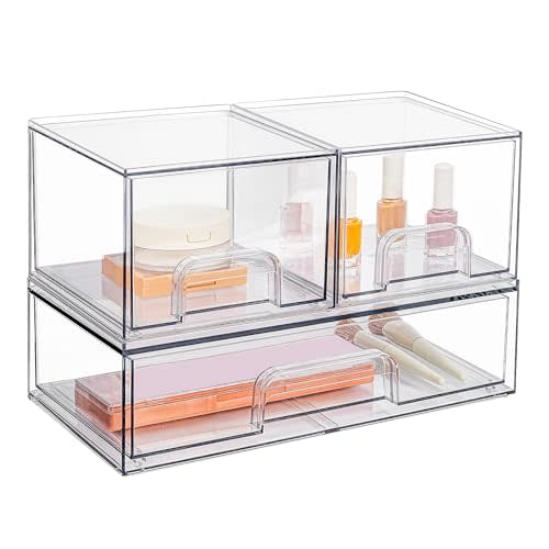 Vtopmart Stackable Storage Drawers Set of 3,Clear Plastic Organizer Bins for Makeup, Cosmetics, Beauty Supplies,Ideal for Vanity, Bathroom,Cabinet,Pantry Organization