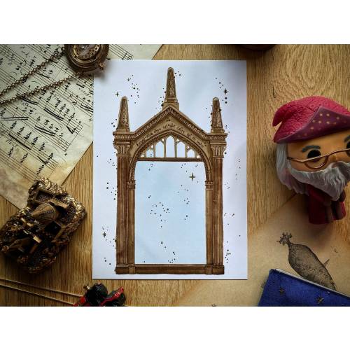 Wizard Magic World Print A5 Postcard - Magical Mirror of Erised - Magic school - With hand added gold