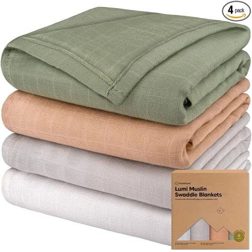 4-Pack Muslin Swaddle Blankets for Boys, Girls - Organic Baby Swaddles for Newborns, Soft & Breathable Receiving Baby Blankets for Girl, Boy, Neutral, Newborn Essentials Gift (Pine)