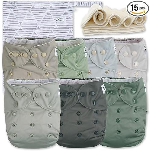 Nora's Nursery Morning Dew Cloth Diapers 7 Pack with 7 Inserts & 1 Wet Bag - Waterproof Cover, Washable, Reusable & One Size Adjustable Pocket Diapers for Newborns and Toddlers