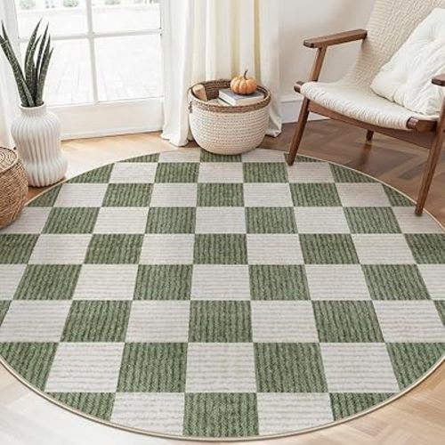 LIVEBOX Checkered Round Rug 6 Ft Washable Area Rug for Playroom, Kids Non-Slip Neutral Classic Circle Rug Geometric Large Carpet Soft Boys Rug for Classroom Dorm Bedroom(Sage Green,180R)