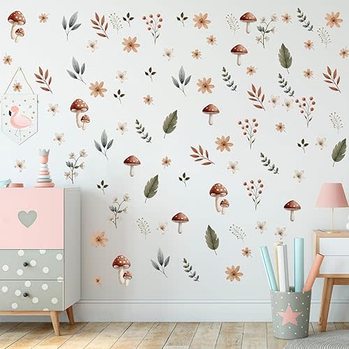 Boho Flower Wall Decals,Vinyl Mushroom Wall Decal for Nusery,DIY Retro Floral Sticker for Girls Room,Spring Window Sticker,Vintage Watercolour Wildflower Wallpaper for Kids Bedroom Living Room