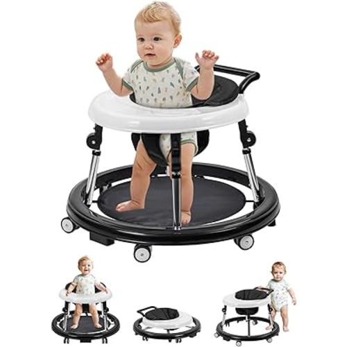 Baby Walker with Wheels: Adjustable Height & Foldable Design, Mute Wheels & Anti-Rollover Feature, Includes Footrest, Perfect for Boys & Girls 6-18 Months