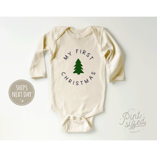 My First Christmas Baby Long Sleeve Onesie® - Cute Modern Christmas Baby Onesie® - Natural Christmas Bodysuit