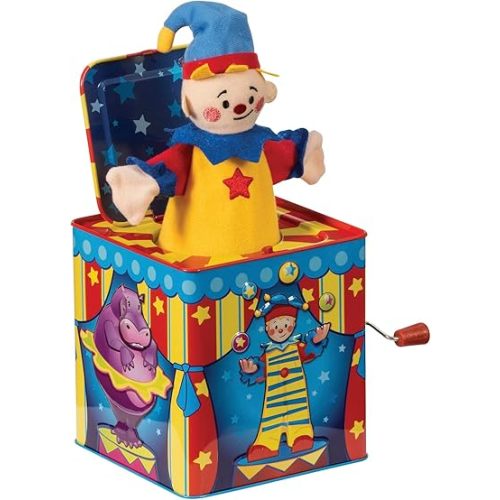 Schylling Silly Circus Jack in the Box - Classic Children's Musical Toy - Colorful Embossed Tin Box and Friendly Plush - Age 18 months and Up