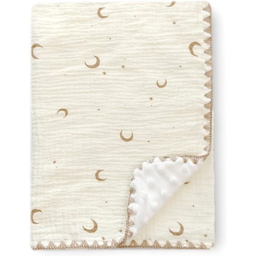 Baby Blanket Cotton Muslin Swaddle Thick Crib Bedding Dotted Backing Double Layer Receiving Blanket 40"x40" (Moon Stars)